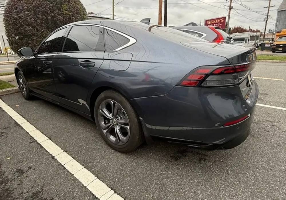 Gray Honda Accord rear quarter panel repaired and refinished after dent removal at Mickey's Auto Body in Kearny, NJ