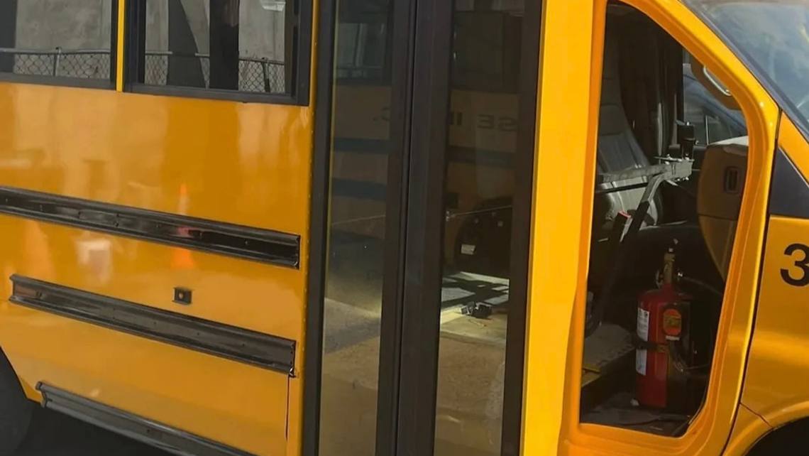 Yellow Collins school bus repainted after commercial body repair at Mickey's Auto Body in Kearny, NJ